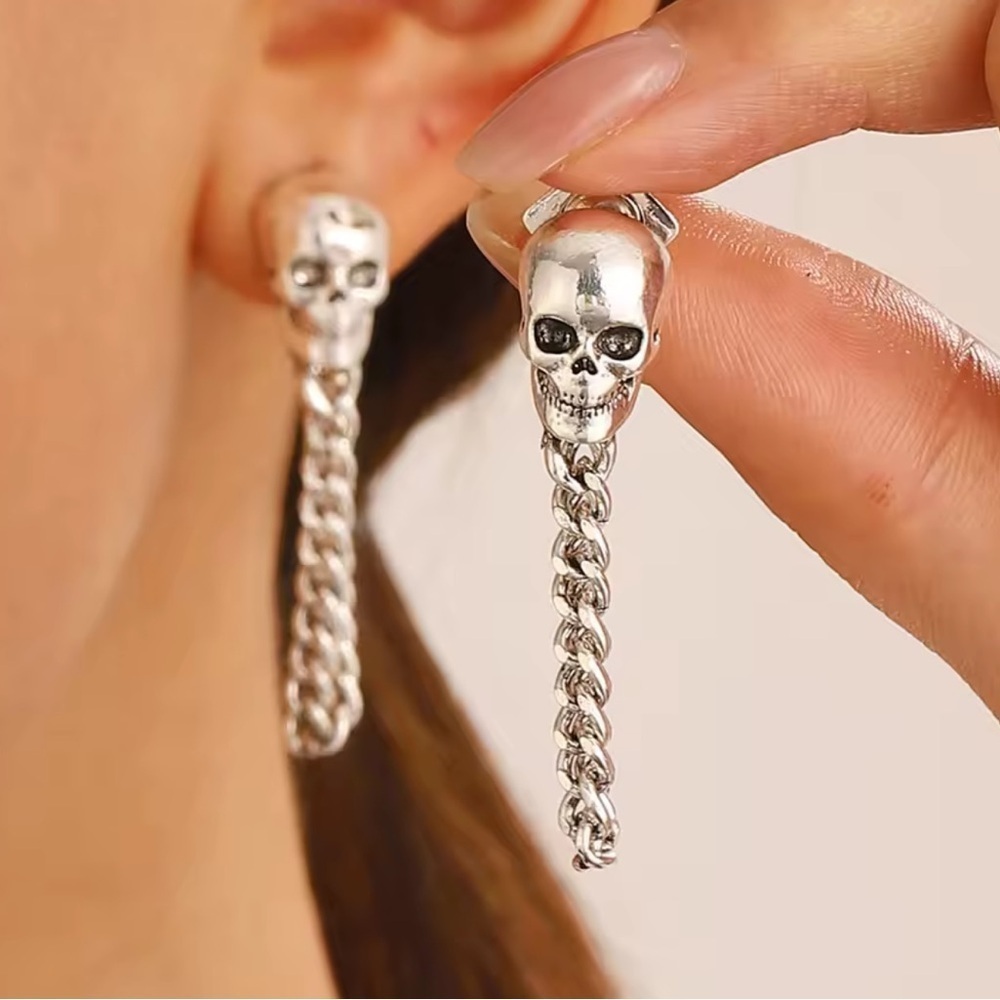 Gothic Silver Skull Chain Earrings –Punk Style